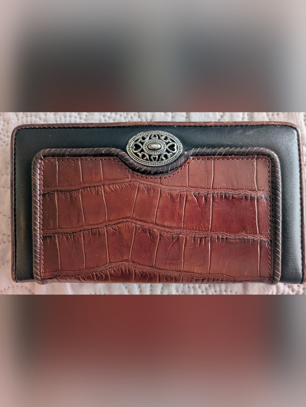Brighton Black and Brown Embossed Leather Wallet, Silver Accents.
